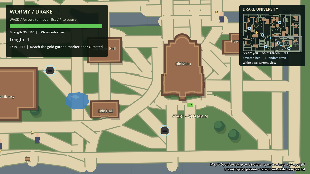 Wormy beside Old Main in the Drake campus prototype, with paths, pedestrians, puddles and a campus minimap.